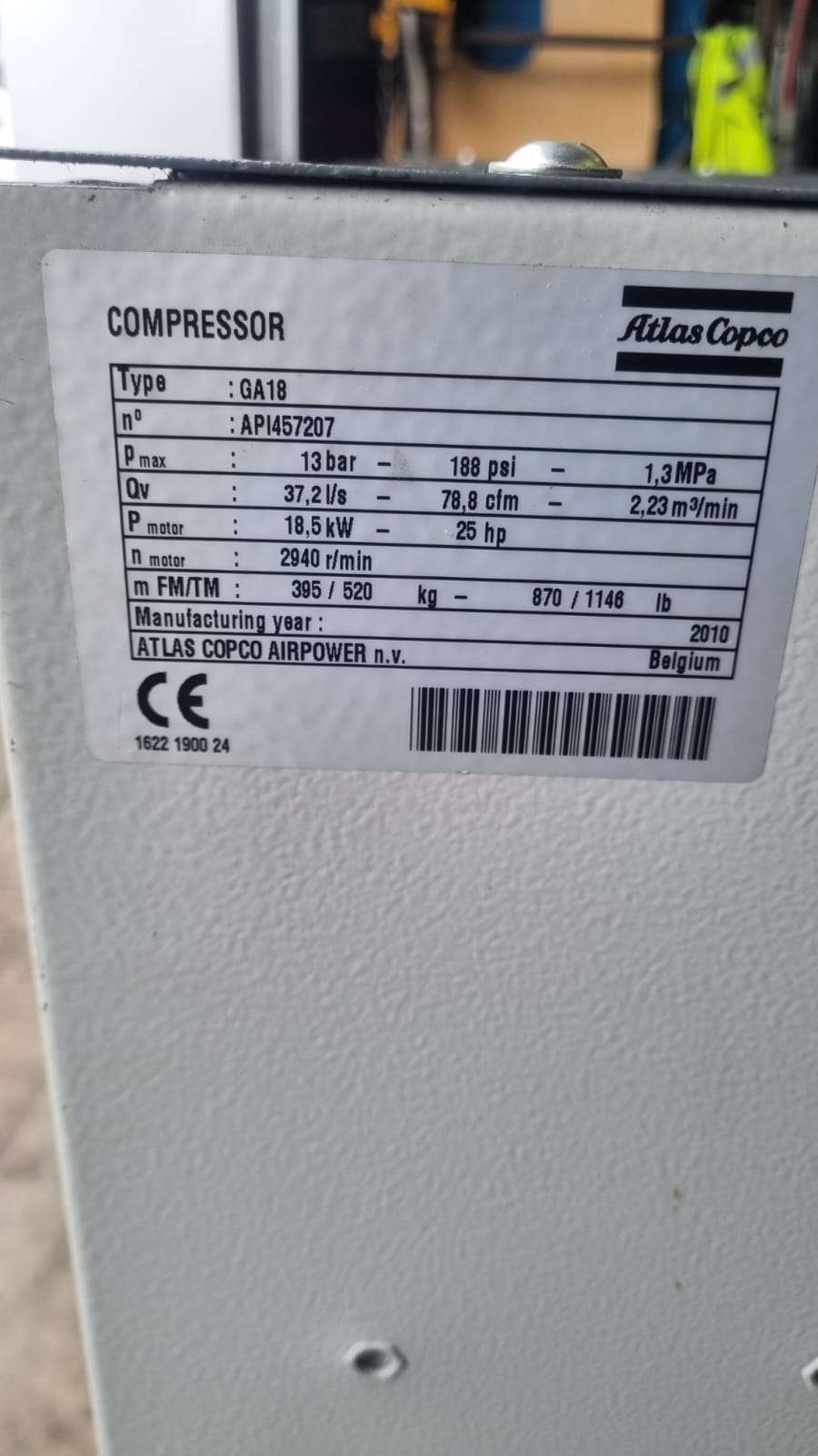 Atlas Copco GA18 Ex Hospital Low Hours Screw Compressor 13 BAR 78.8 CFM