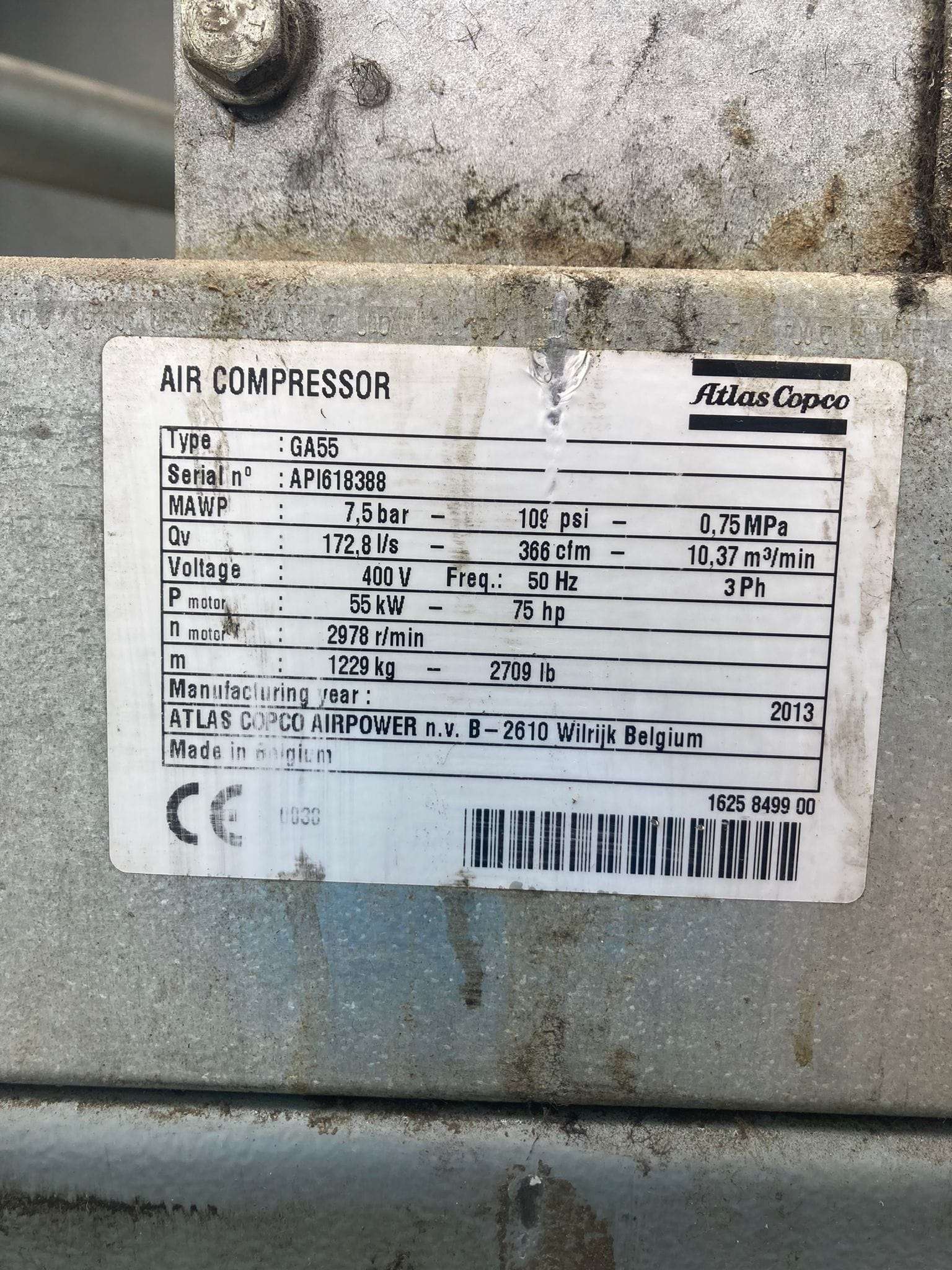 Atlas Copco GA55 2013 7.5 BAR 366 CFM 55Kw Screw Compressor